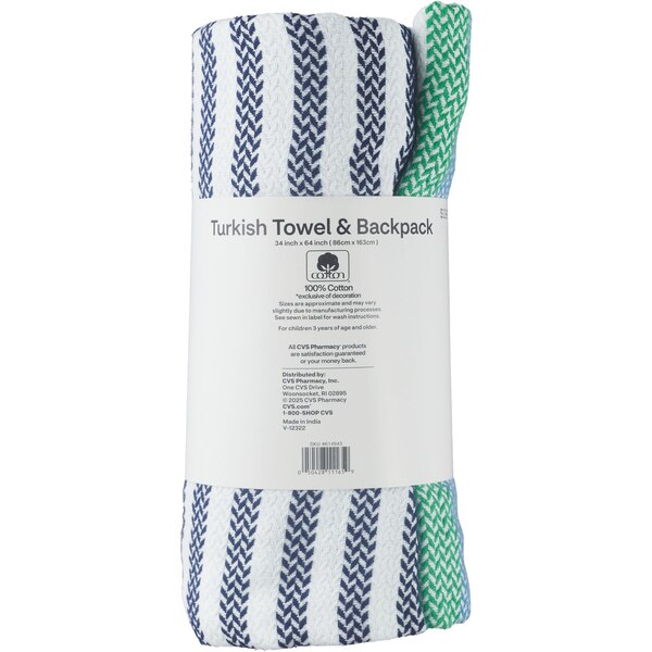Sun & Sky Turkish Beach Towel & Backpack, Blue & Green Stripe, 34 x 64 in