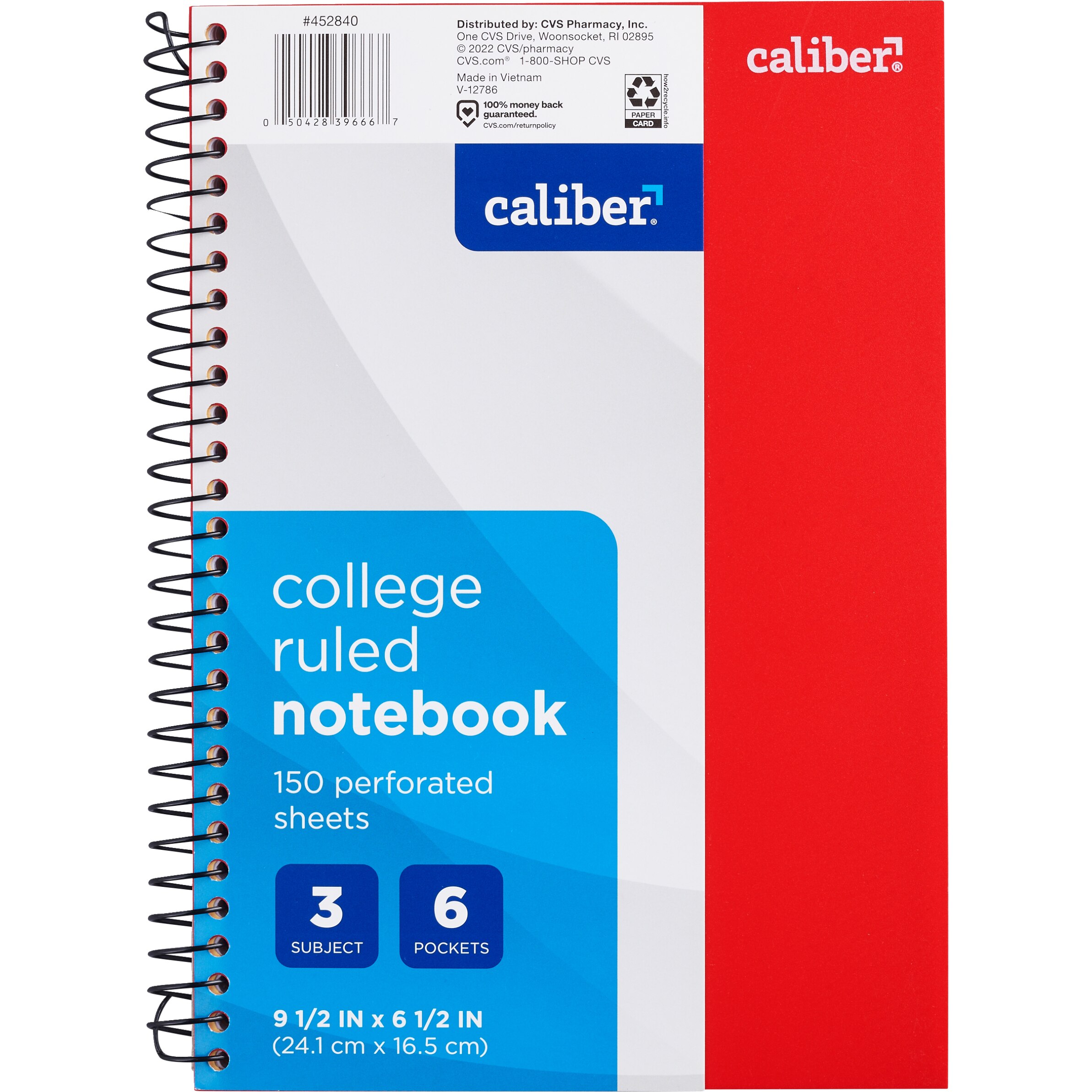Caliber 3 Subject Notebook, College Ruled, 9.5 in. x 6.5 in., Assorted Colors