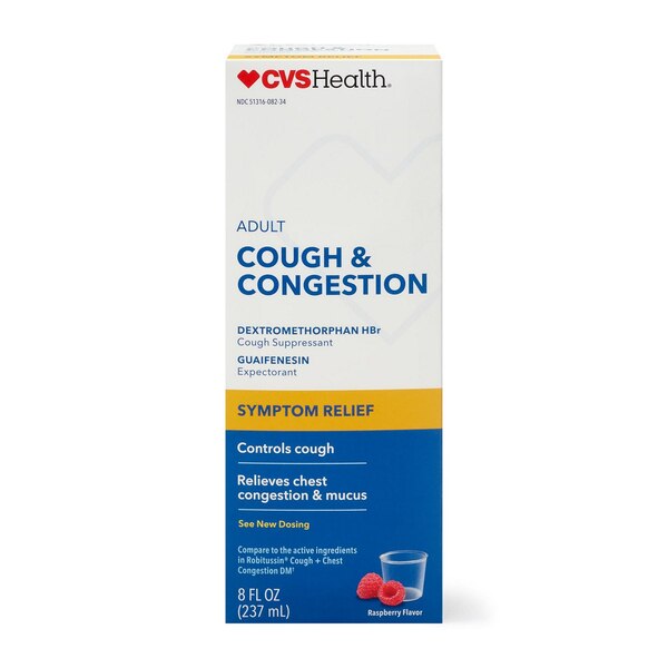 CVS Health Cough and Congestion Relief Liquid, Raspberry, 8 OZ