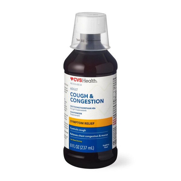 CVS Health Cough and Congestion Relief Liquid, Raspberry, 8 OZ