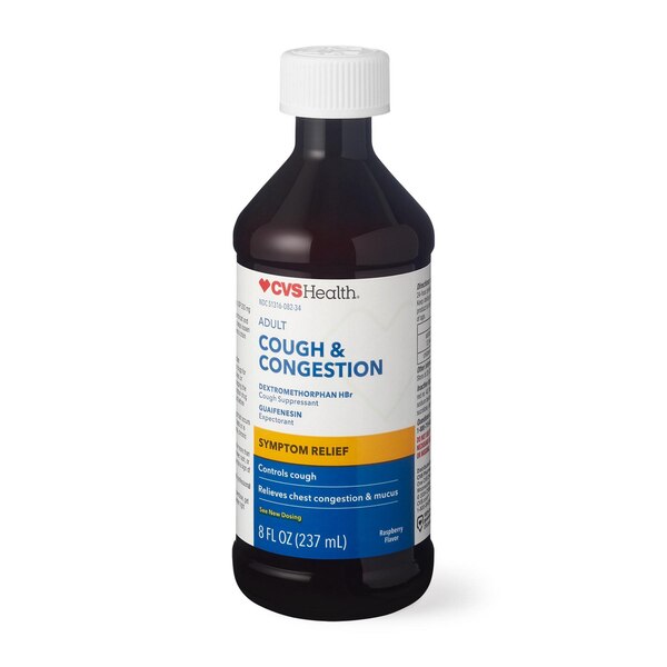 CVS Health Cough and Congestion Relief Liquid, Raspberry, 8 OZ
