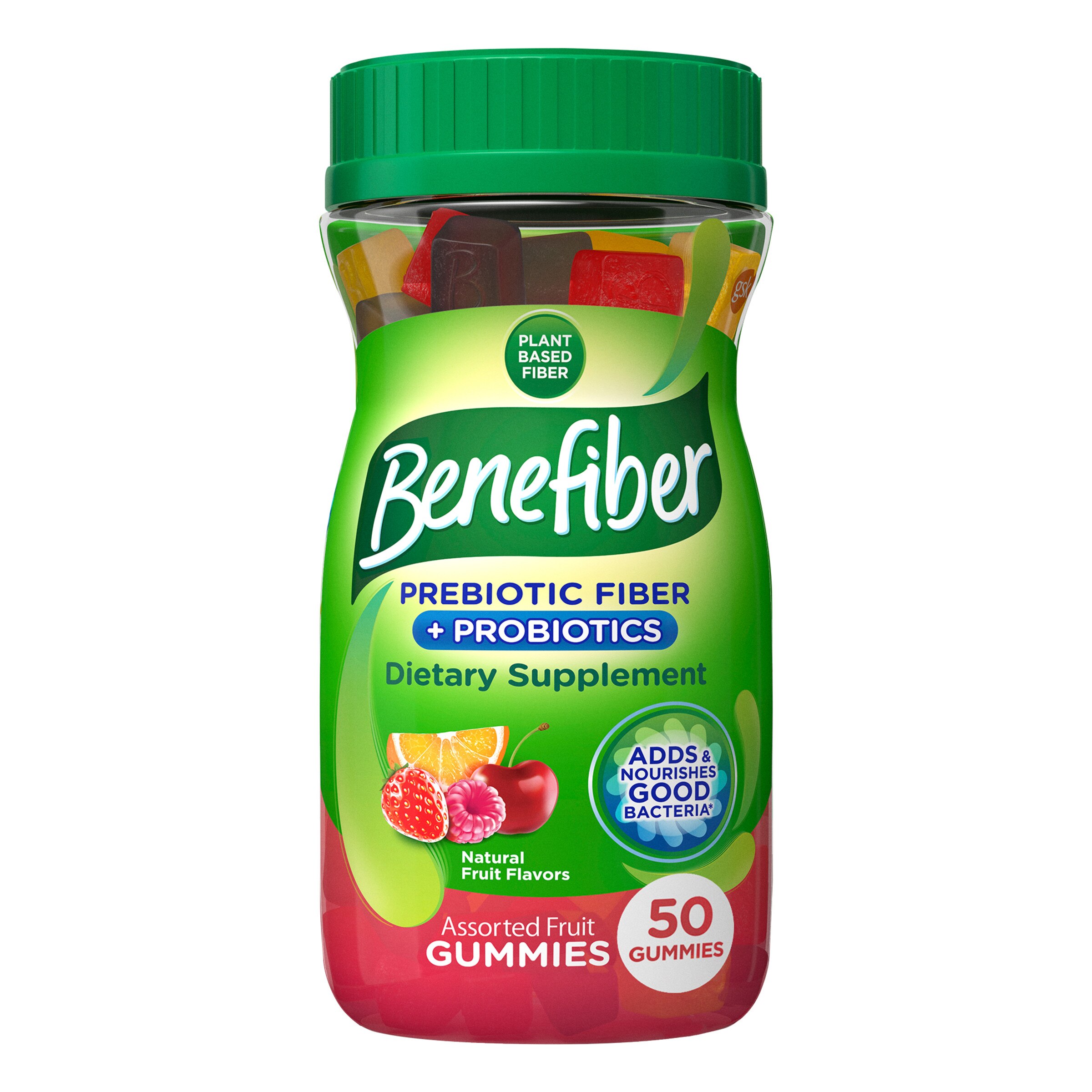 Benefiber Assorted Fruit Gummies for digestive health Prebiotic and Probiotic Supplement with natural fruit flavors 50 count