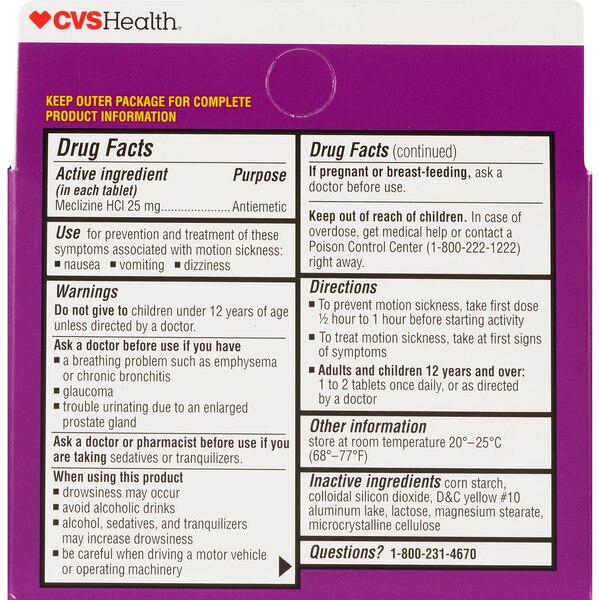 CVS Health Motion Sickness Less Drowsy Formula Tablets, 16 CT