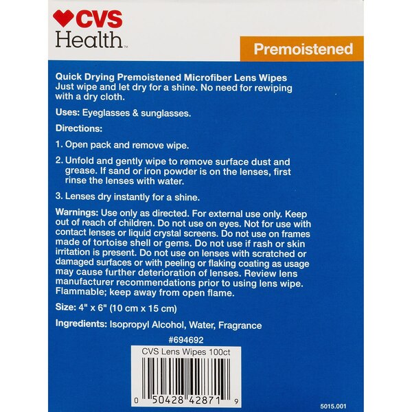 CVS Health Microfiber Premoistened Lens Wipes, 100 CT