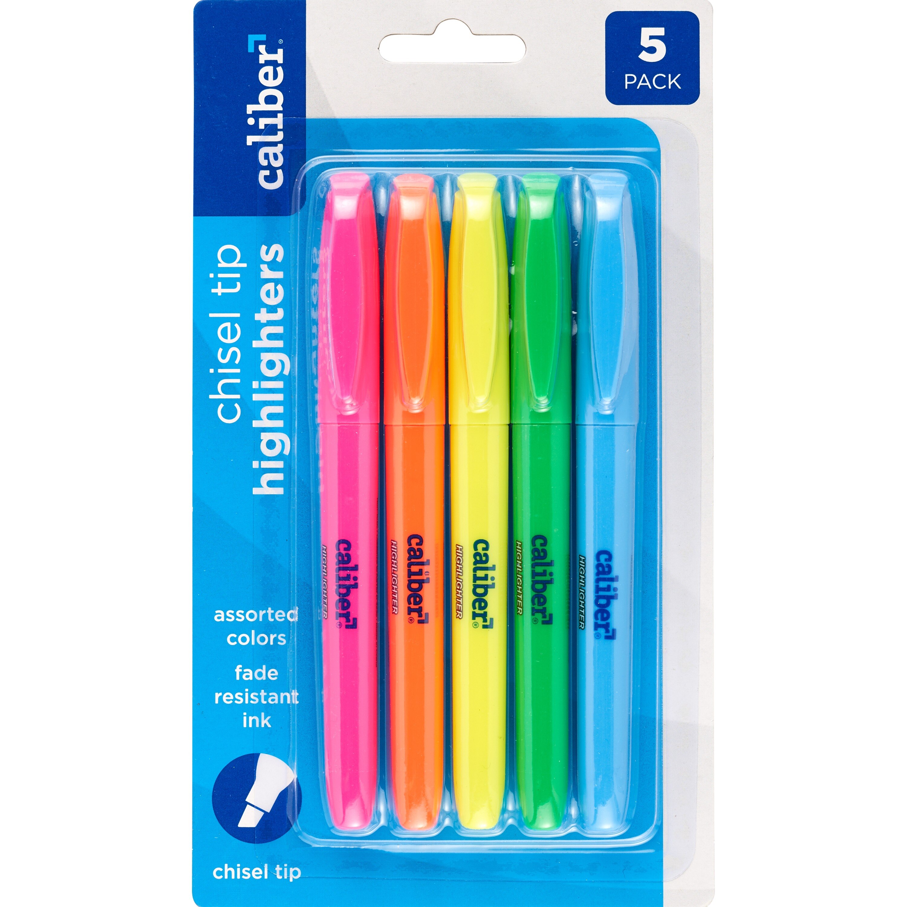 Caliber Fluorescent Highlighters, 5 Colors
