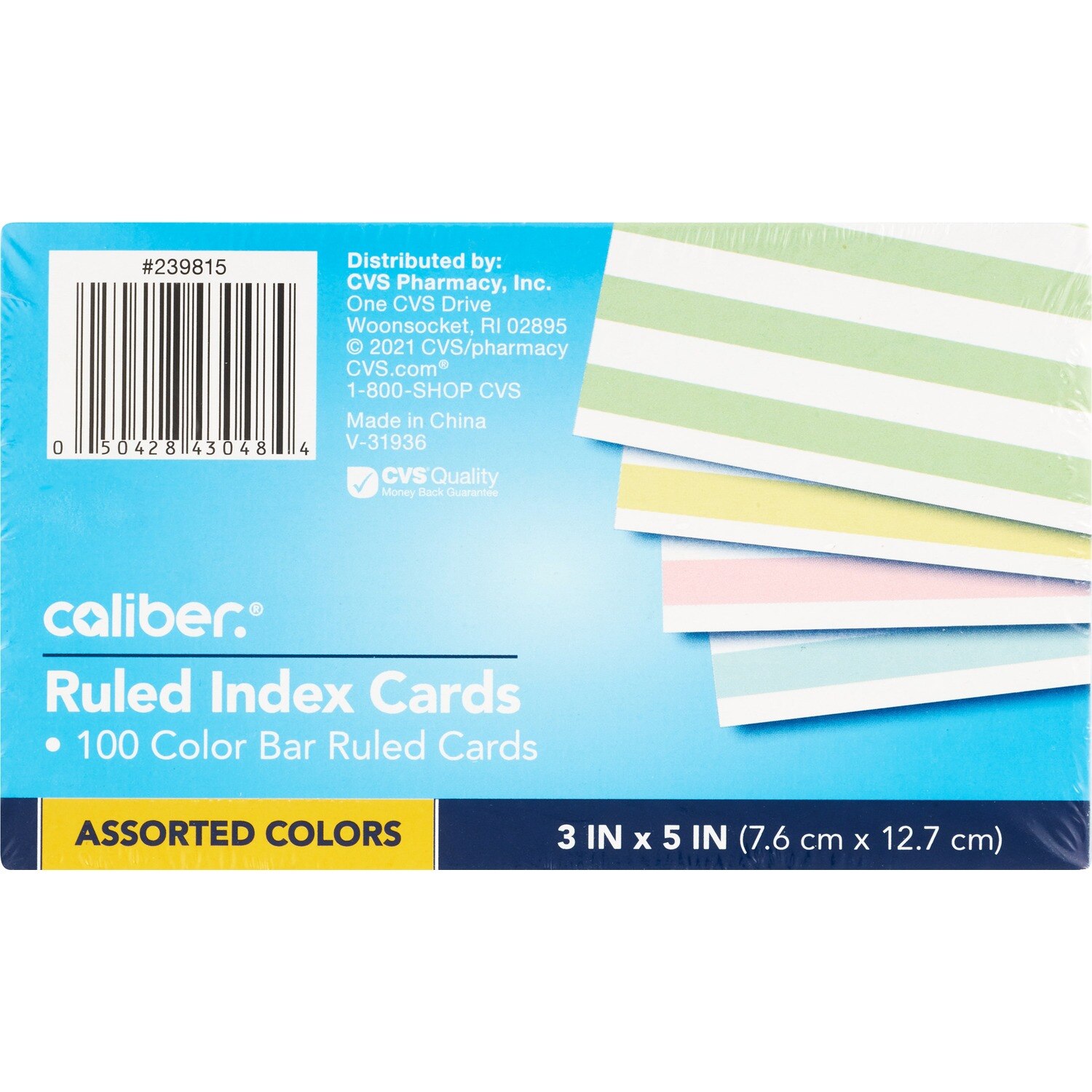Caliber Ruled Index Cards, Assorted Colors, 3 in. x 5 in., 100 CT