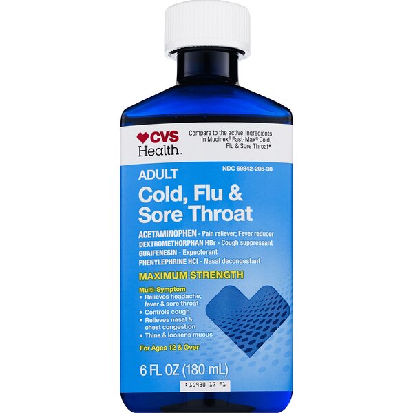 CVS Health Maximum Strength Adult Cold, Flu & Sore Throat Liquid, 6 OZ