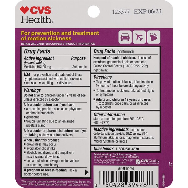CVS Health Motion Sickness Less Drowsy Formula Tablets, 16 CT