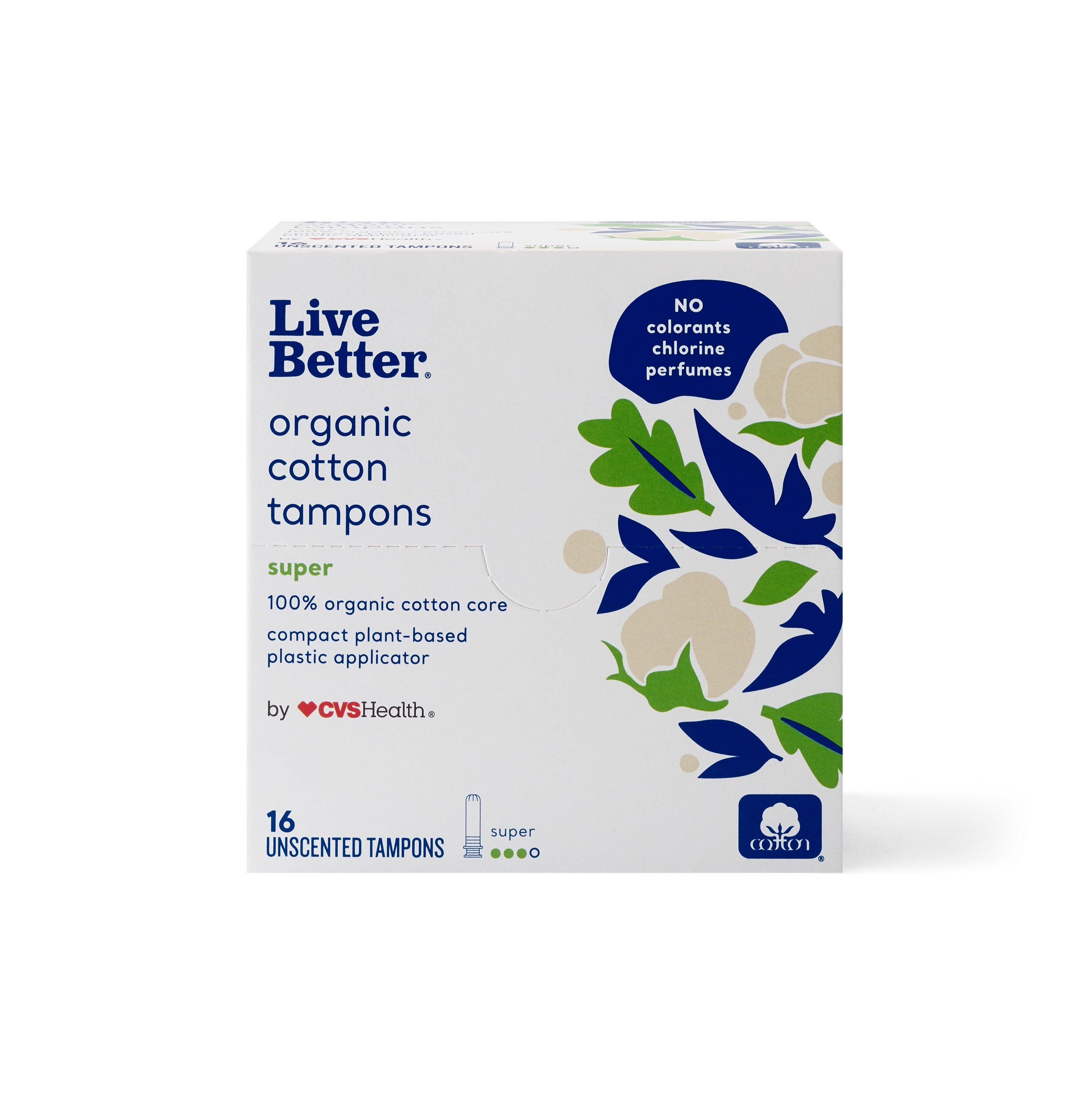 CVS Live Better Organic Cotton Tampons with Compact Plant-Based Plastic Applicator, Super, 16 CT