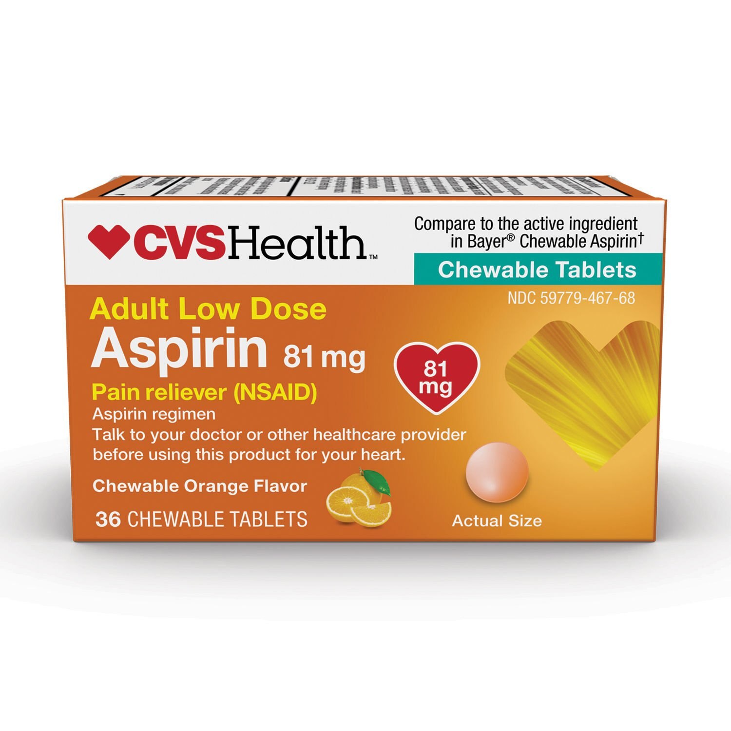 CVS Adult Low Dose Aspirin 81 MG Chewable Tablets, Orange