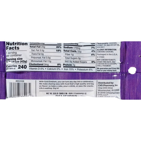 Gold Emblem Fancy Whole Cashews 1.5 oz