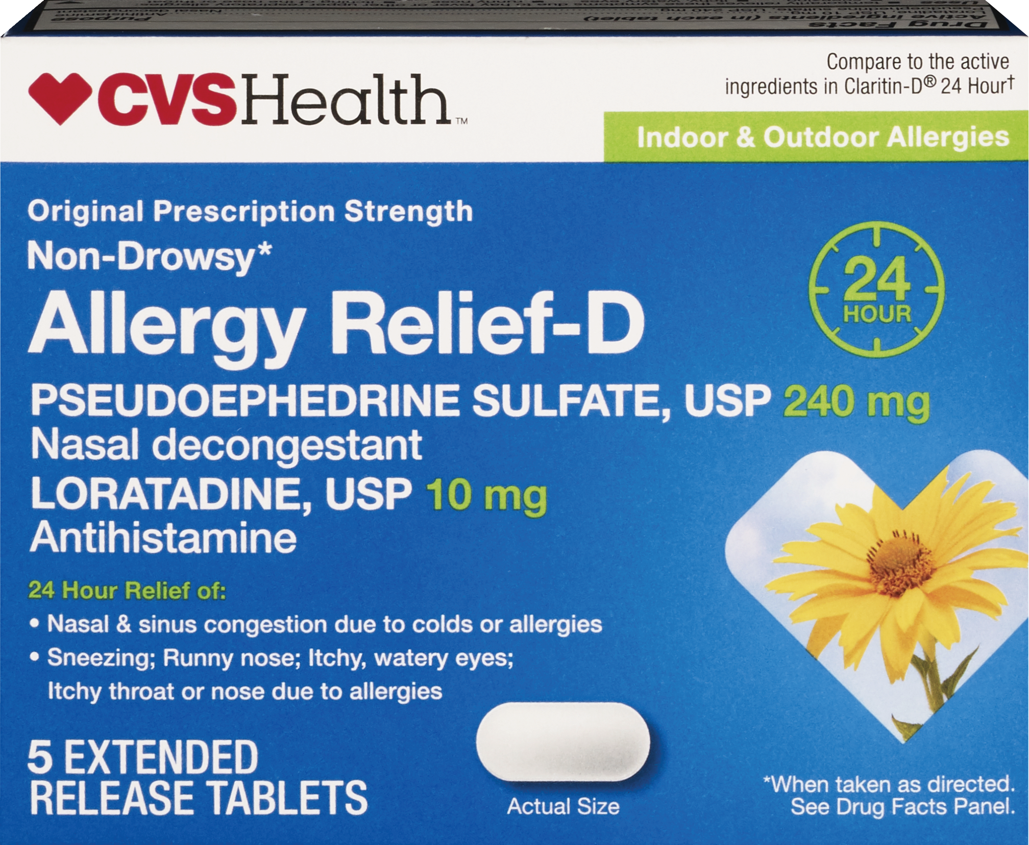 CVS Health Original Prescription Strength Non-Drowsy Allergy Relief-D Tablets, Pseudoephedrine Sulfate, USP 240mg Loratadine, USP 10mg