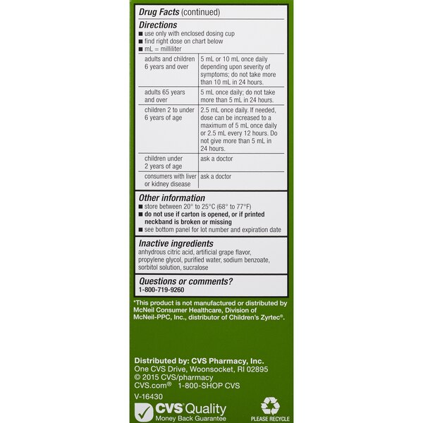 CVS Health Children's 24HR Allergy Cetirizine HCl Dye Free Oral Antihistamine