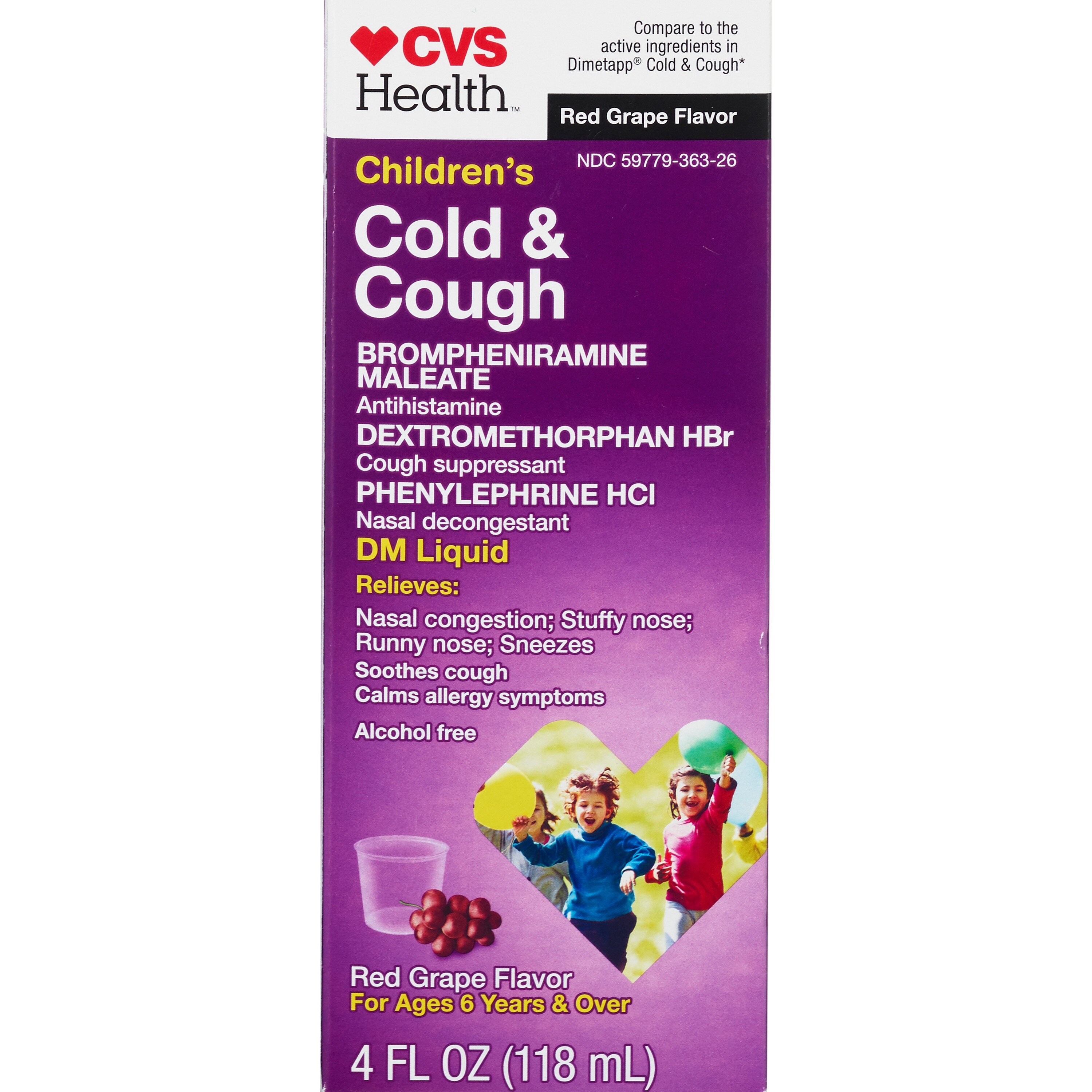 CVS Health - Jarabe para niños para el resfrío y la tos, DM Elixir, Red Grape