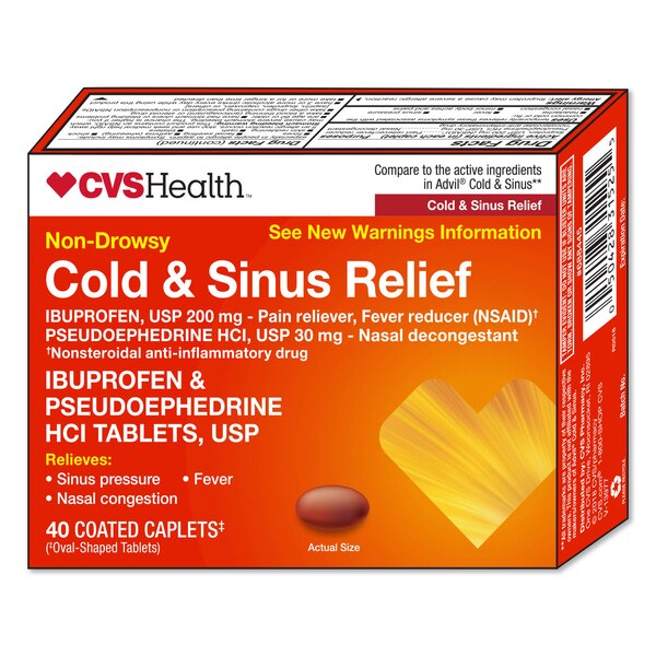 CVS Health Non-Drowsy Cold & Sinus Relief Ibuprofen & Pseudoephedrine HCl Tablets, USP, 40 CT