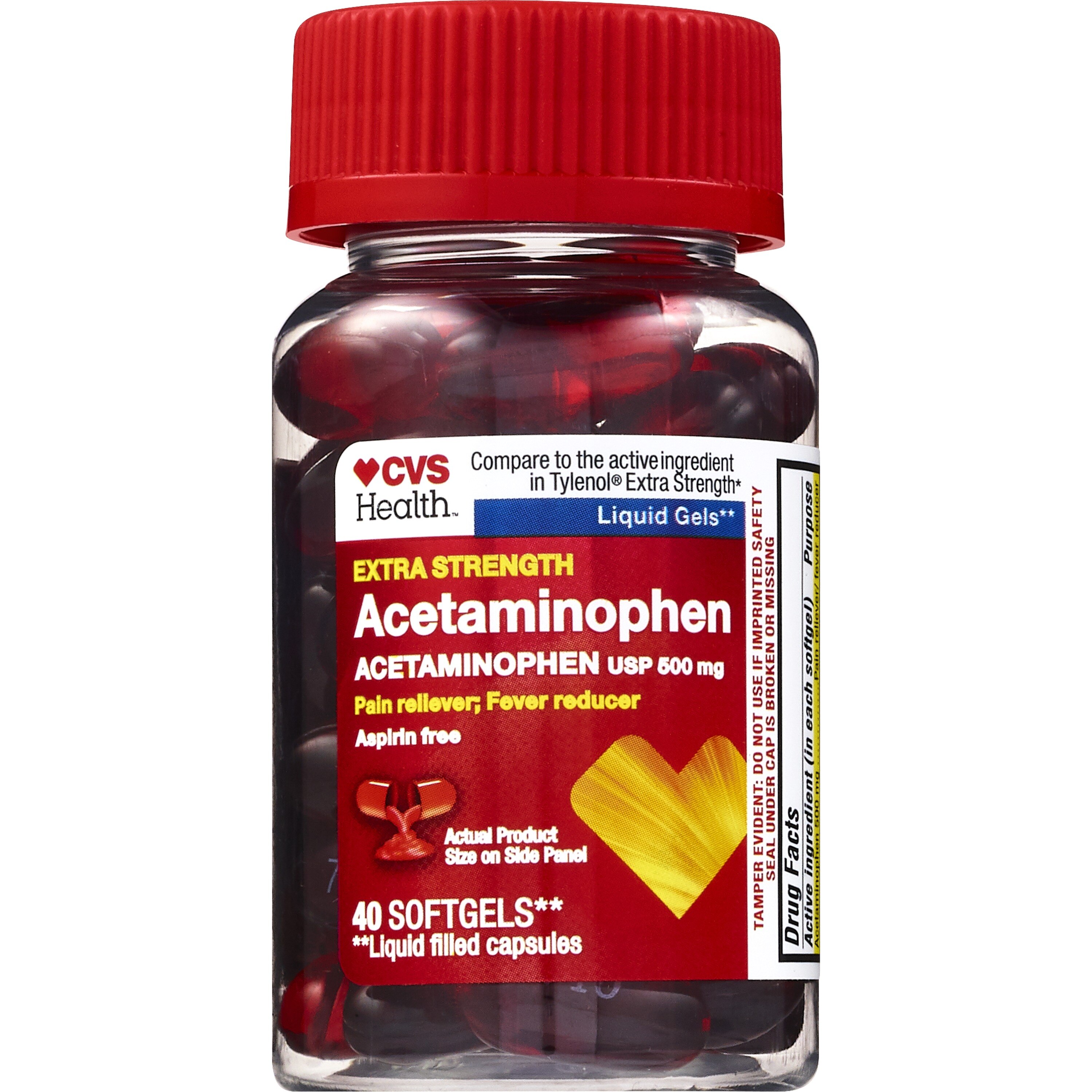 CVS Health - Acetaminophen en cápsulas blandas para el alivio del dolor, potencia extra, 500 mg, 40 u.