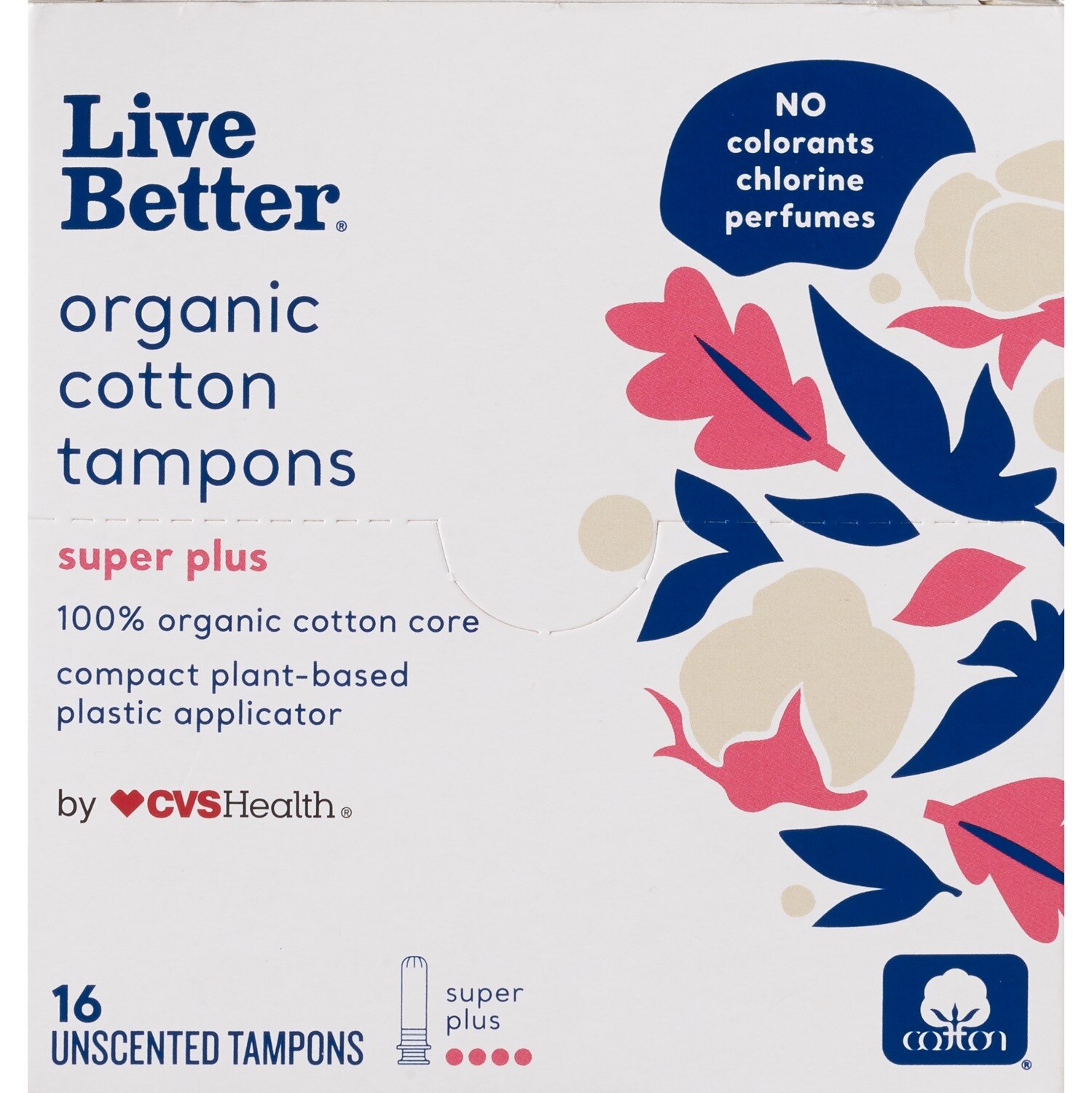 CVS Live Better Organic Cotton Tampons with Compact Plant-Based Plastic Applicator, Super Plus, 16 CT