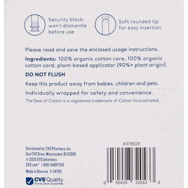 CVS Live Better Organic Cotton Tampons with Compact Plant-Based Plastic Applicator, Super Plus, 16 CT