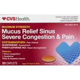 CVS Health Maximum Strength Mucus Relief Sinus Severe Congestion & Pain Relief Caplets, 20 CT, thumbnail image