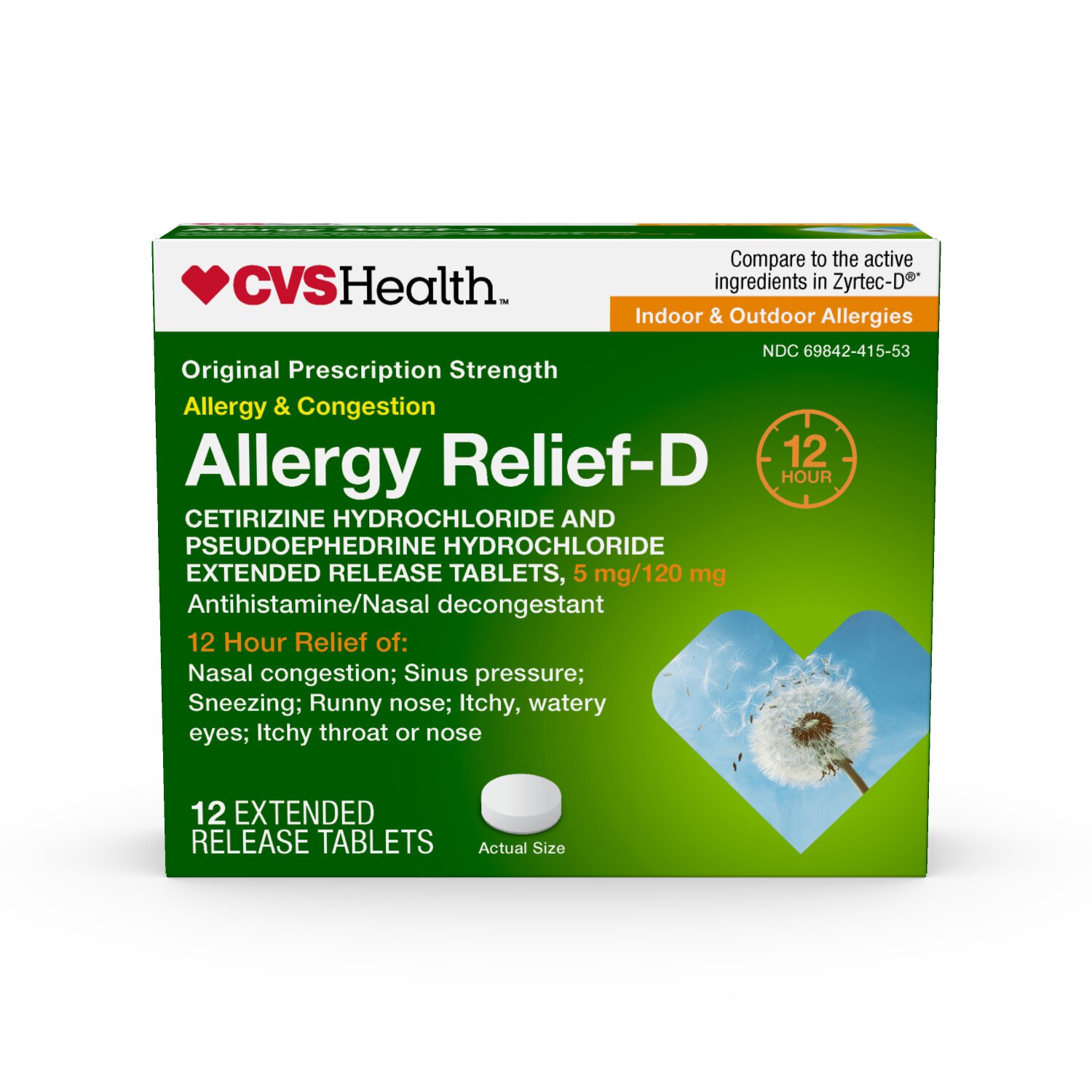 CVS Health - Hidrocloruro de cetirizina e hidrocloruro de pseudoefedrina en tabletas de liberación prolongada, 5 mg/120 mg