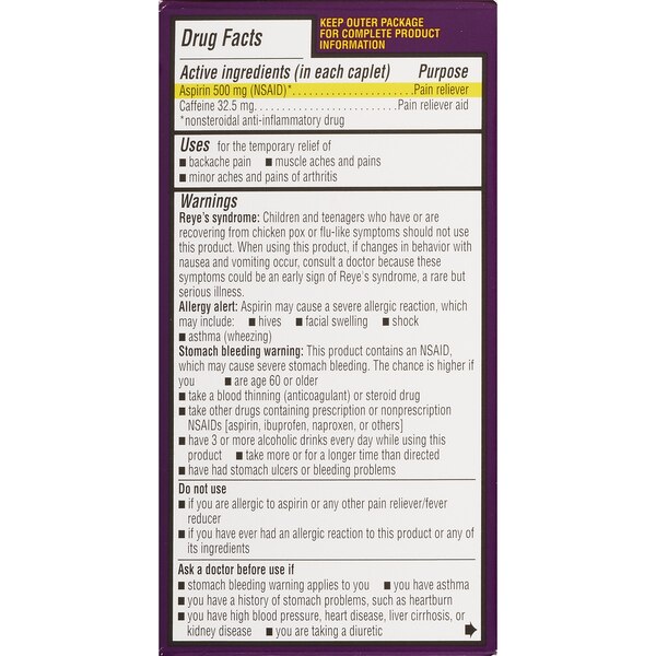 CVS Health Extra Strength Back & Body Aspirin and Caffeine Coated Caplets, 100 CT