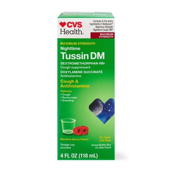 CVS Health Maximum Strength Nighttime Tussin DM Adult Cough Suppressant Liquid, Berry and Menthol, 4 OZ