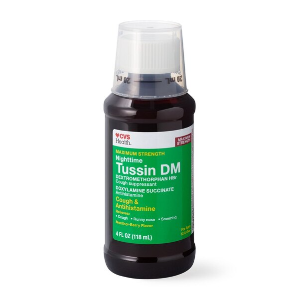 CVS Health Maximum Strength Nighttime Tussin DM Adult Cough Suppressant Liquid, Berry and Menthol, 4 OZ