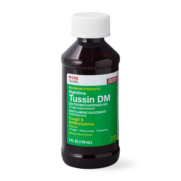 CVS Health Maximum Strength Nighttime Tussin DM Adult Cough Suppressant Liquid, Berry and Menthol, 4 OZ