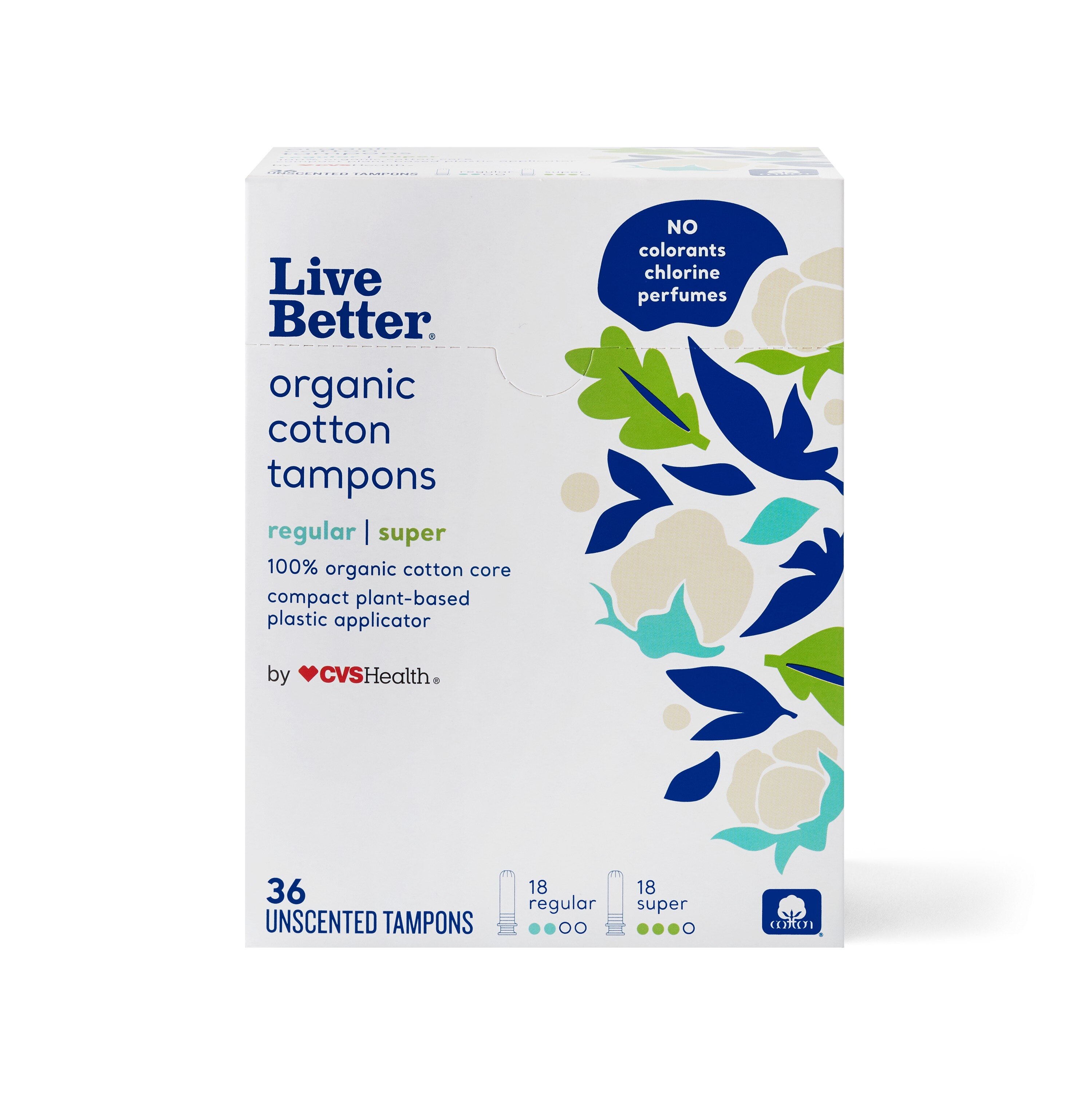 CVS Live Better Organic Cotton Tampons  with Compact Plant-Based Plastic Applicator, Regular & Super, 36 CT