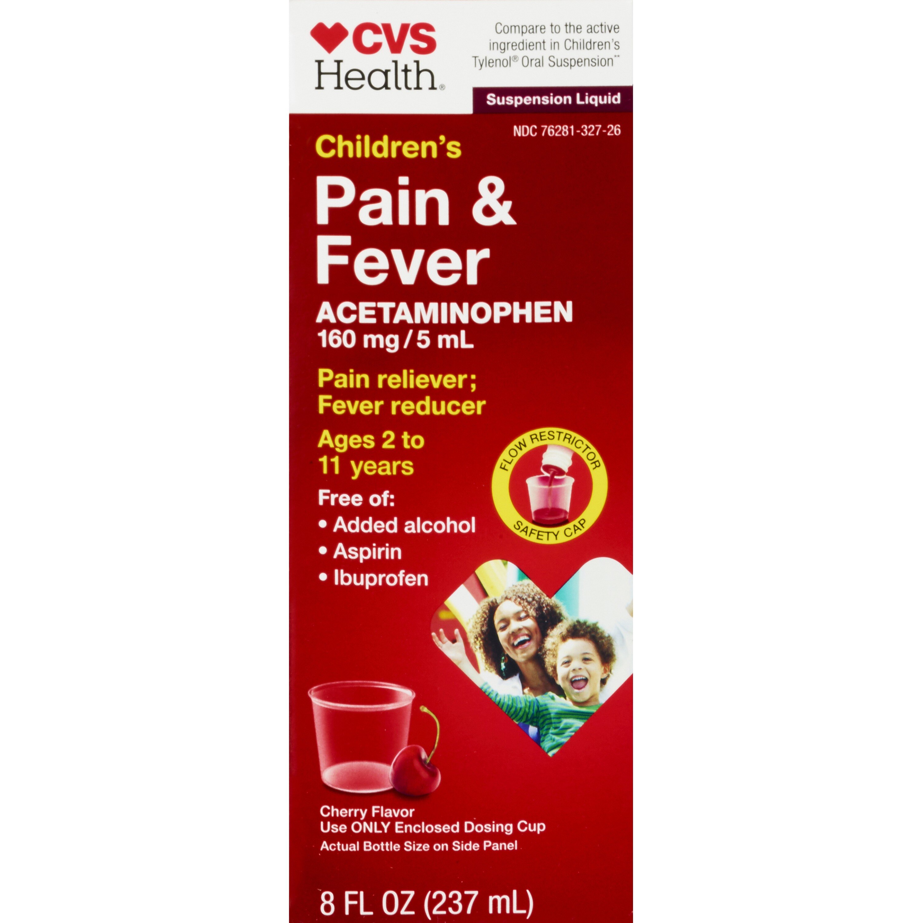 CVS Health Children's Pain & Fever - Acetaminofén 160 mg en suspensión, jarabe pediátrico para el dolor y la fiebre, sabor Cherry, 8 oz