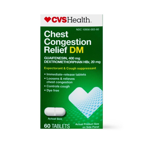 CVS Health Chest Congestion Relief DM - Expectorante e inhibidor de la tos en tabletas, 60 u.