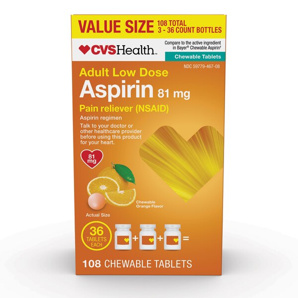 CVS Health Adult Low Dose Aspirin 81 MG Chewable Tablets, Orange