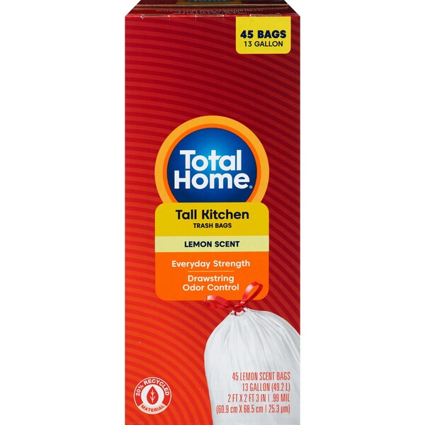 Total Home Drawstring Tall Kitchen Trash Bags, Odor Control