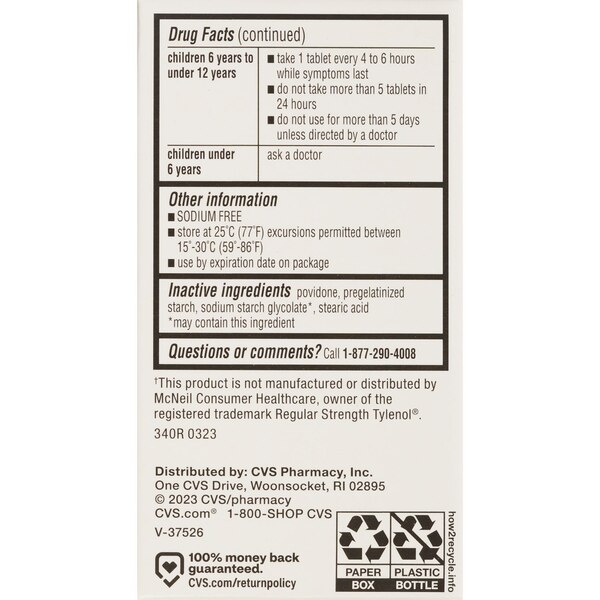 CVS Health Regular Strength Acetaminophen Pain Reliever & Fever Reducer 325 MG Tablets, 100 CT