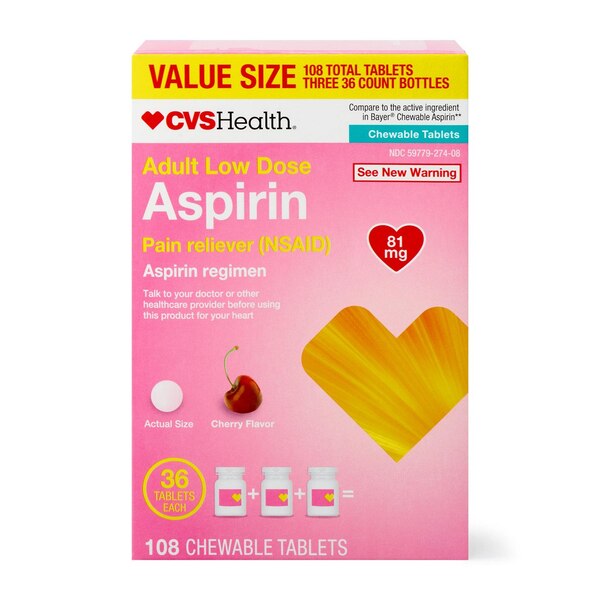 CVS Health Adult Low Dose Aspirin 81 MG Chewable Tablets, Cherry