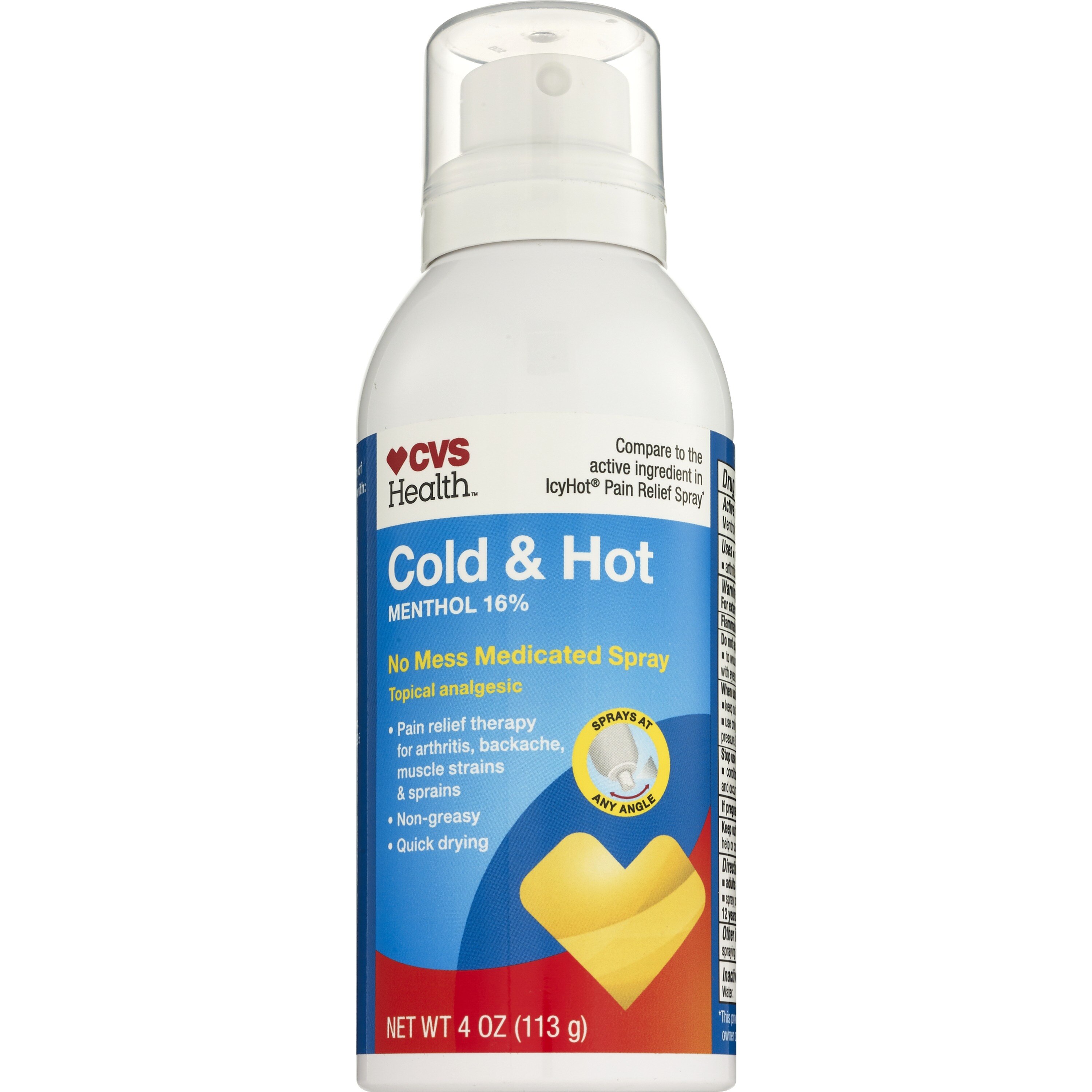 CVS Health Cold & Hot Pain Relief No Mess Medicated Spray, Menthol 16%, 4 OZ