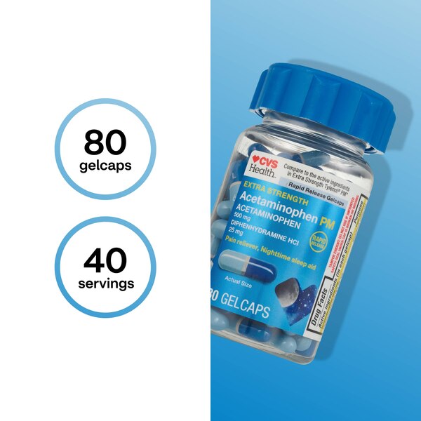 CVS Health Extra Stength Acetaminophen PM Pain Reliever & Nighttime Sleep-Aid Gelcaps, 80 CT