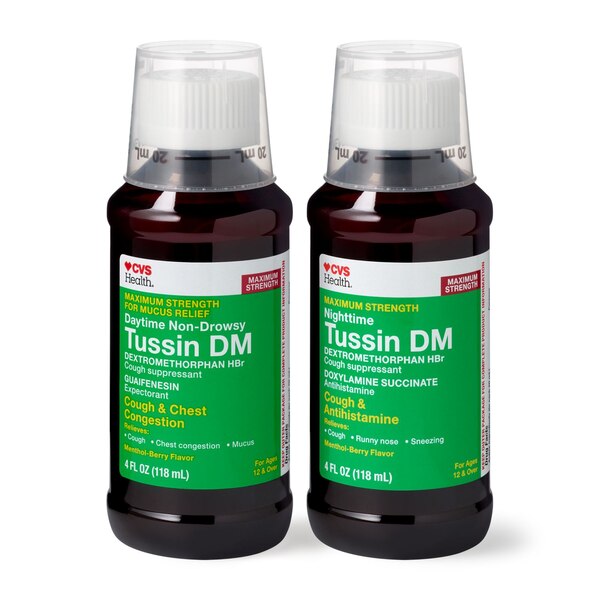 CVS Health Maximum Strength Day + Nighttime Tussin DM Cough and Chest Congestion Combo Pack, 2 4 OZ bottles