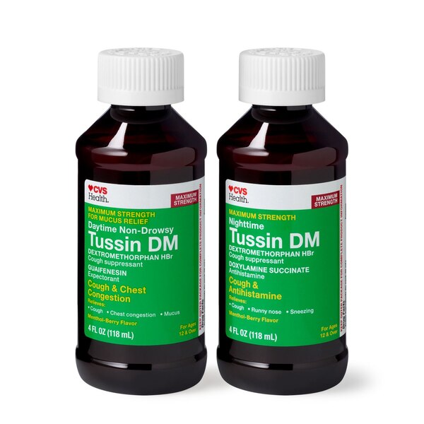 CVS Health Maximum Strength Day + Nighttime Tussin DM Cough and Chest Congestion Combo Pack, 2 4 OZ bottles