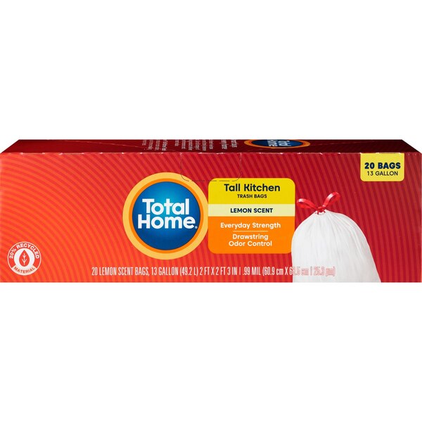Total Home Drawstring Tall Kitchen Trash Bags, Odor Control