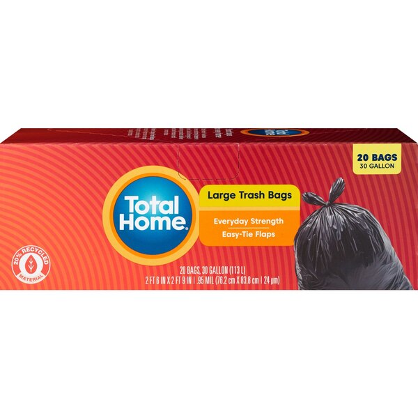 Total Home Large Trash Bags, Extra Strong Easy-Tie Flaps 30 Gallon, 20 ct