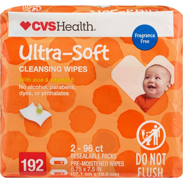 CVS Health Ultra Soft Cleansing Wipes Solo SoftPak, Unscented, 2 PK, 192 CT