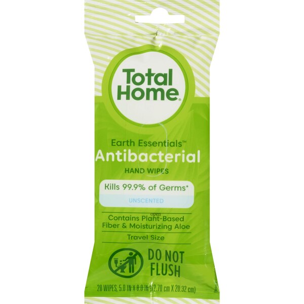 Total Home Earth Essentials Antibacterial Hand Wipes, Unscented, 20 ct
