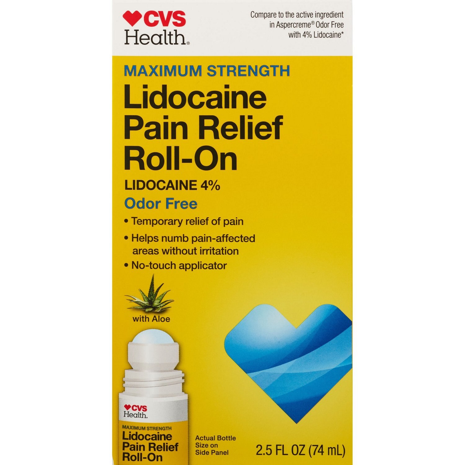 CVS Maximum Strength Lidocaine Pain Relief Roll-On, 2.5 FL OZ image.