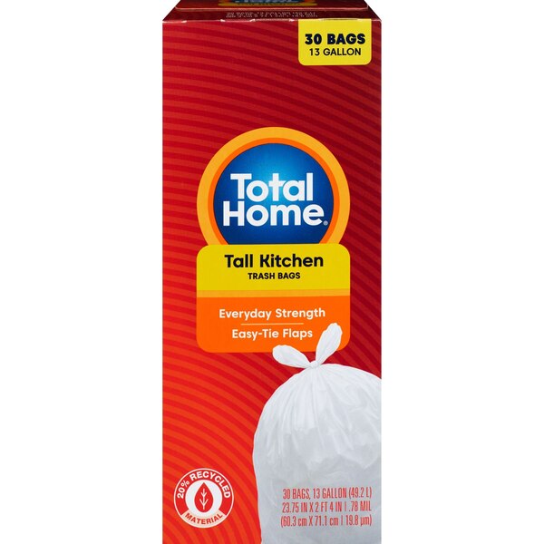 Total Home Tall Kitchen Trash Bags, Extra Strong 13 Gallon, 30 ct