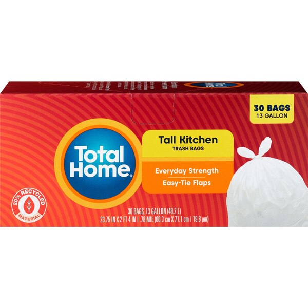 Total Home Tall Kitchen Trash Bags, Extra Strong 13 Gallon, 30 ct