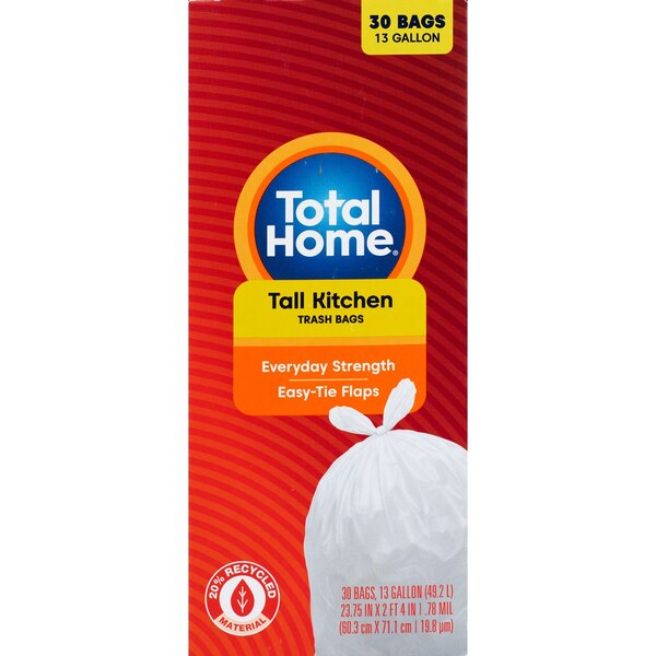 Total Home Tall Kitchen Trash Bags, Extra Strong 13 Gallon, 30 ct