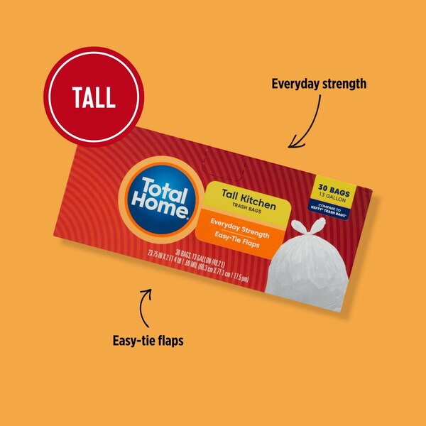 Total Home Tall Kitchen Trash Bags, Extra Strong 13 Gallon, 30 ct