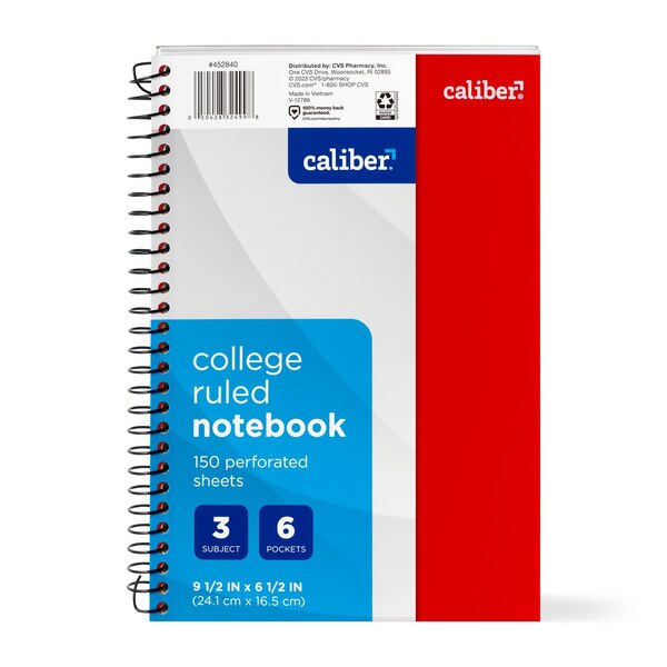 Caliber Premium 3 Subject Notebook, College Ruled, 150 Sheets, Assorted