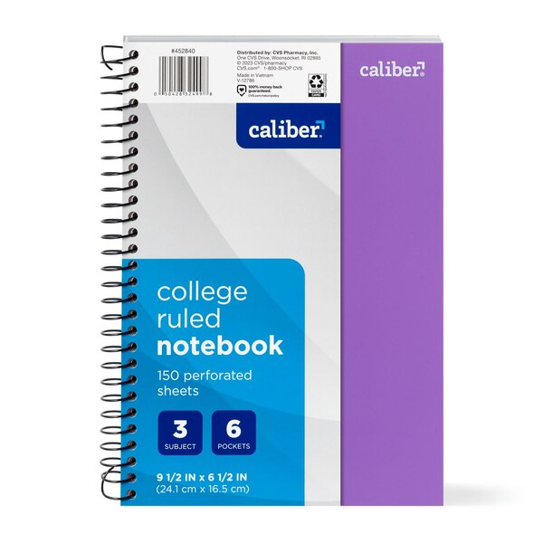 Caliber Premium 3 Subject Notebook, College Ruled, 150 Sheets, Assorted